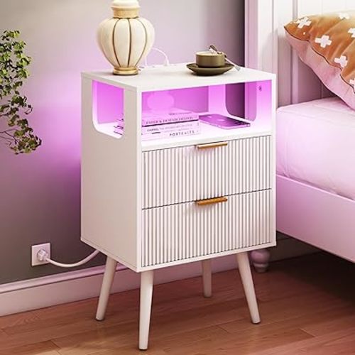 White Nightstand with Charging Station and LED Lights,Modern Bedside Table with 2 Storage Drawer and Open Wood Shelf, for Bedroom and Small Spaces,Night Stand with Solid Wood Legs,White