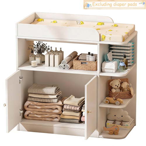 Wanan Large Baby Changing Table Dresser with Wide Changing Table Top and 4 Drawers, 59.1" Nursery Dresser with Clothes Rack and Mirror, Modern Diaper Changing Station, Children's Room