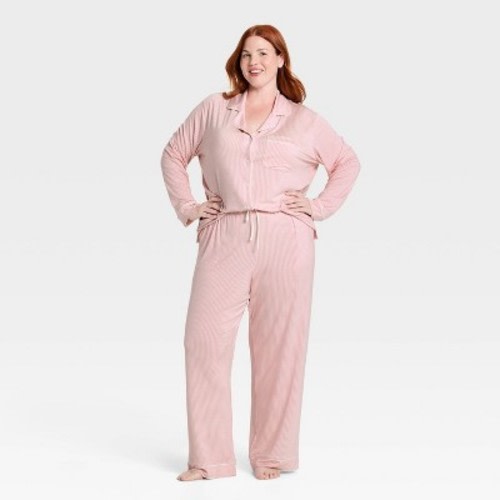 Women's Cloud Knit Modal Long Sleeve Notch Collar Top and Pants Pajama Set - Auden™ Blush XL