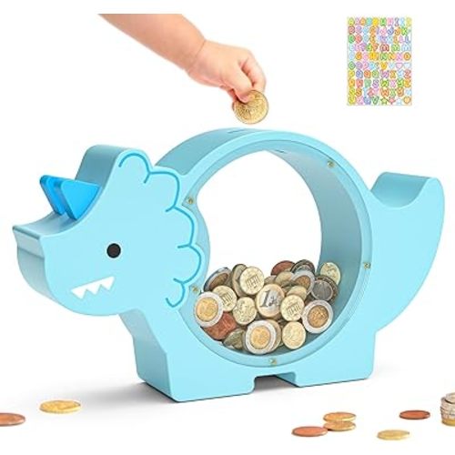 Summidate Wooden Dinosaur Piggy Bank for Kids Boys, Cute Wood Dino Money Bank for Toddlers, Creative Saving Coin Jar, Personalized Present for Child Birthday & Decor (Triceratops-Blue, Custom)