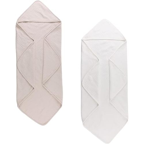 Muslin 100% Cotton Baby Towel Hooded Bath Towels for Babies Infant Toddler Soft Towel Newborn Boys Girls 33.5”×33.5” (2PACK(White+Beige))