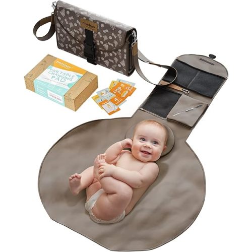 munimu® Portable Baby Diaper Changing Pad – Stylish Travel Changing Mat Bag with 5 Pockets & Adjustable Strap Converts into an XXL Waterproof Changing Pad – Portable Changing Pads, Brown