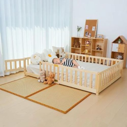 DoCred Toddler Floor Bed for Kids, Wood Floor Bed w/Slats & Fence for Girls and Boys, Montessori Bed Frame