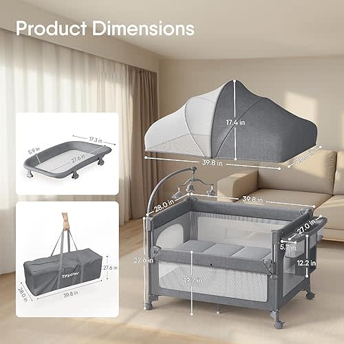 TinyGlow 4 in 1 Baby Bassinet, Pack and Play, Bedside Crib Sleeper, Diaper Changer, Quickly Assembled and Folded Portable Crib with Mattress and Mosquito Net, Easy to Carry