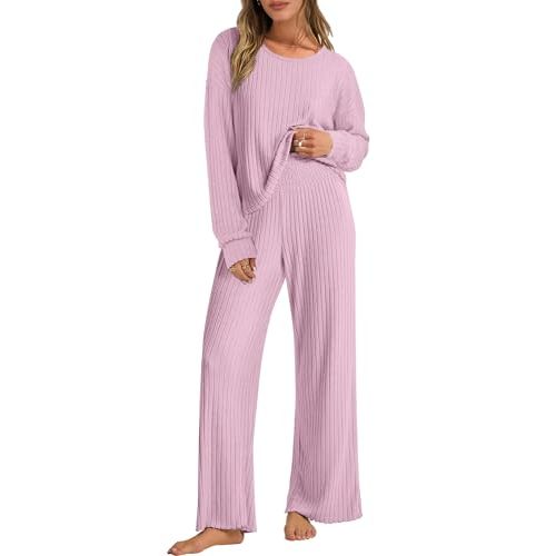 ANRABESS Women 2 Piece Lounge Pajamas Sets Casual Ribbed Knit Long Sleeve Top Pants Matching Set 2026 Fall Outfits Clothes