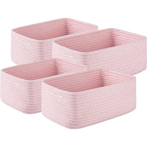 4 Pack Small Storage Shelf Baskets for Organizing, Mini Woven Rope Storage Bins for Towels, Cute Decorative Closet Organizer,Baby Nursery, Gift Empty Baskets -11.81''Lx7.87''Wx4.72''H-Pink