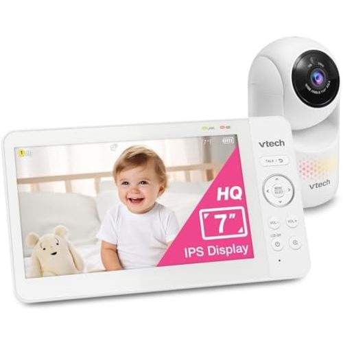 VTech Baby Monitor No WiFi, 7" IPS Screen, 5000mAh 12Hr Battery, 360° PTZ, 4X Zoom, Night Vision, Night Light, 2-Way Talk, White | Advanced HQ Max