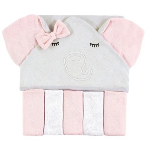 Hudson Baby Infant Girls Hooded Towel and Five Washcloths, Gray Pink Elephant, One Size