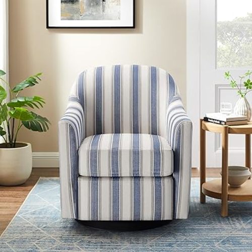VANOMi Swivel Accent Chair, Swivel Barrel Chair Modern Upholstered Round Armchair, Comfy Club Reading Chairs for Adults, Reading Accent Chairs for Living Room, Bedroom, Office (Navy Stripe)