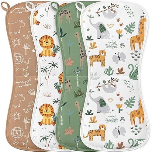 Burp Cloths Baby Boy, Large 21'' X 10'' Cotton Burping Cloths for Babies, Ultra Soft and Absorbent Burp Rags, 4 Pack Set Washcloths Newborn Spit Up Rags Green Animal