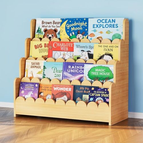 SpaceAid 4-Tier Scalloped Bookshelf, Montessori Bookcase for Toddlers, Wooden Book Shelf Organizer Display Furniture for Kids Rooms, Playroom, Nursery and Classroom, 29.6“ Wide, Natural