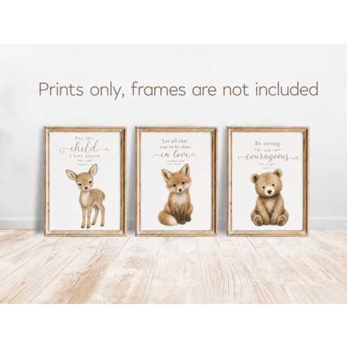 Bible Verse Nursery Wall Art Set of 3, Fox Bear Deer Prints or Canvas, Cute Woodland Nursery Decor, Christian Baby Room Wall Art