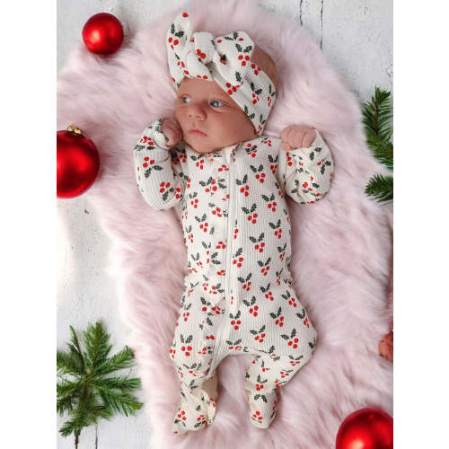 Organic Waffle Ruffle Zip Footie, Holly