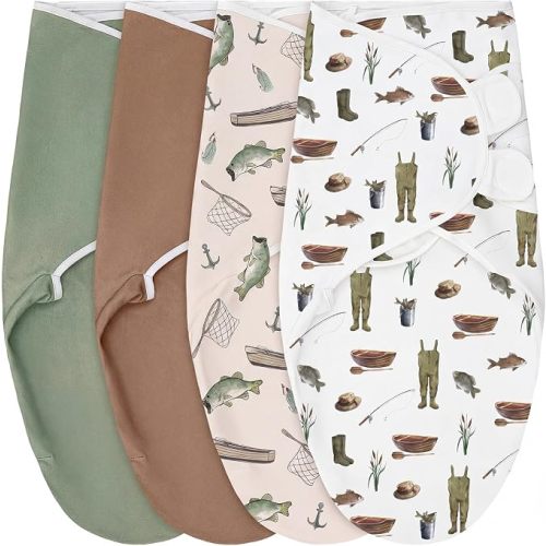 CroBlissful 4 Pack Fishing Swaddles for Newborns Cotton Adjustable Sleep Swaddle for 0-3 Months Infant Baby Boys Girls Breathable Soft Newborn Wrap Wearable Blanket Improves Sleep