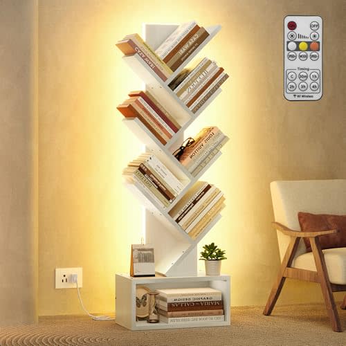 Hoctieon 6 Tier Tree Bookshelf, Tall Bookcase with Drawer, Freestanding Book Shelf with LED Lights, Display Floor Standing Storage Shelf, Book Organizer Shelves for Home Office, Living Room, White