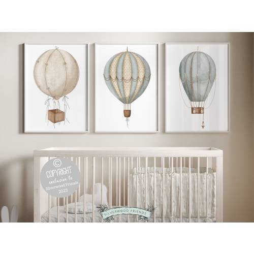 Watercolor Hot Air Balloon Nursery Prints, Balloon Nursery Printable, Neutral Nursery Prints, Transport Air Adventure Nursery Digital Prints