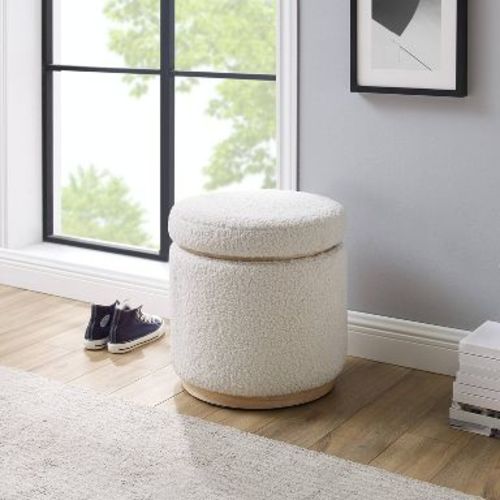 18" Blanche Wood & Boucle Ottoman with Lid Storage, Footrest, No Assembly - Linon