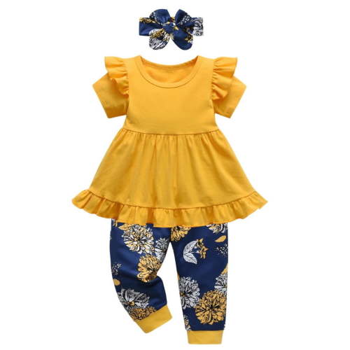 Toddler Baby Girl Clothes Solid Color Short Sleeve Ruffle Tops Pants Headband Outfits Set (9-12 Months, Yellow)