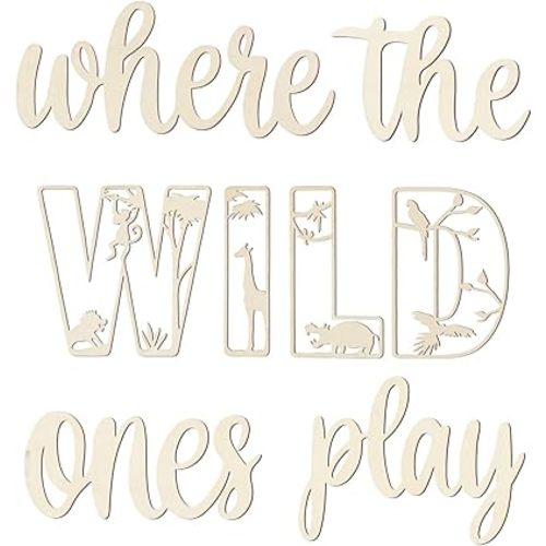 Where The Wild Ones Play Sign Wooden Playroom Wall Decor, Large Wood Wall Art Decoration for Boys Girls Toy Room Nursery, Toddler Room Bedroom, Jungle Theme Playroom Word Cutout Sign Decor