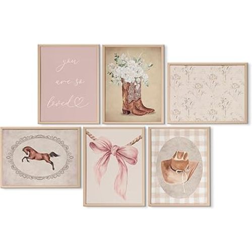 ZCIRDYVV 6Pcs Pink Cowgirl Wall Art Set Rustic Western Girl Canvas Prints Vintage Cowboy Boot Pictures Horse Boho Western Wall Decor Painting for Girls Bedroom Nursery 12x16in Unframed Posters