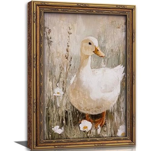Vintage Gold Framed Duck Wall Art Retro Rustic Farmhouse Animal Cute Goose Painting Picture Wall Decor Cottagecore Country Nursery Poster Print Artwork for Living Room Bedroom Home Decoration
