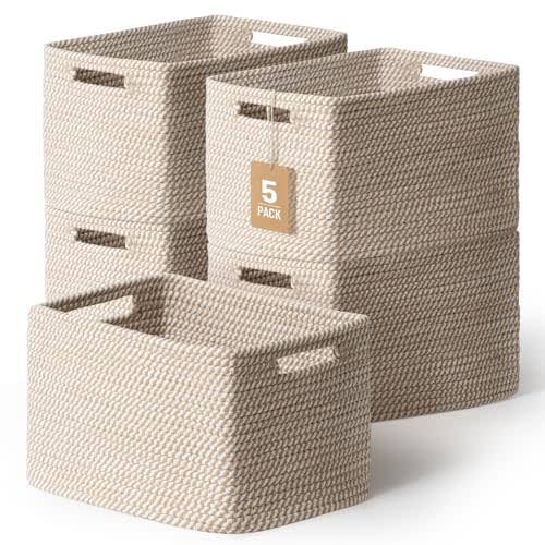 5 Pack Woven Storage Baskets for Shelves, Decorative Basket Organizer Storage Bins for Toys, Books, Clothes, Closet, Nursery, Bathroom – Cotton Rope Shelf Baskets for Organizing and Decor, Khaki