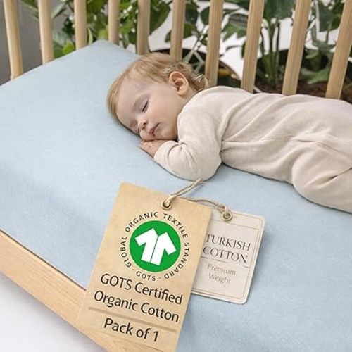 GOTS Organic Cotton Crib Sheets, Aegean Heritage Turkish Cotton 200GSM, Quality at First Touch,1 Pack Toddler Bed Fitted Mattress Sheets for Boys, Girls Cute Breathable Soft (Ocean Blue)