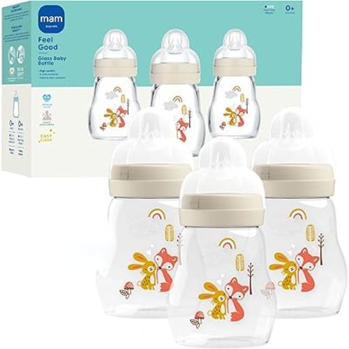 MAM Premium Glass Baby Bottles, Easy Switch Between Breast and Bottle, Feel Good Slow Flow, Newborn Essentials Must Have, 0+ Months, BPA Free, 6oz, Unisex, 3 Pack