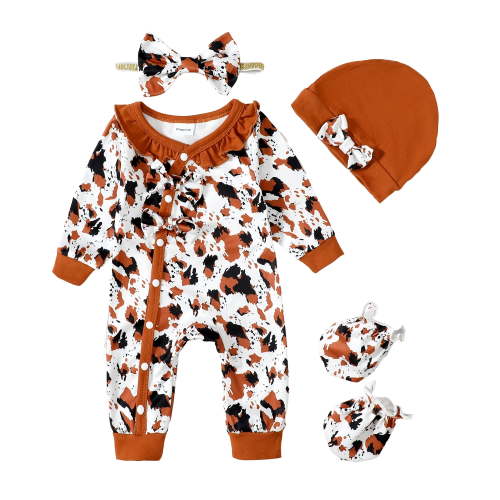 Preemie Baby Girls Clothes Baby Girls One-piece Romper Long Sleeve Button Closure Romper Headband Hat 3pcs Set Brown