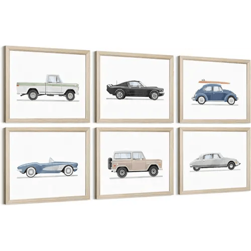 Blue Car Wall Art Decor Boys Room Wall Art Vintage Cars Canvas Poster Pictures Toddler Kids Room Prints Watercolor Vehicle Artwork Painting for Boys Bedroom Nursery 8x10 Inch Wood Framed Set of 6