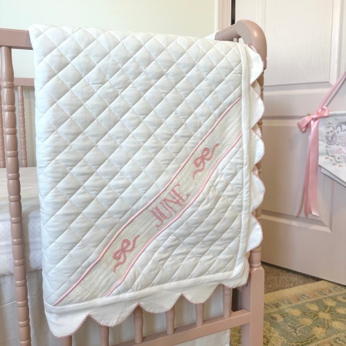 Pink Bows Scalloped Name Smock Crib Blanket
