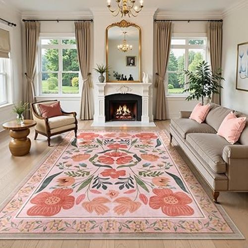 Floral 8x10 Beige Area Rugs for Living Room, Boho Soft Washable Area Rug for Bedroom, Non-Slip Ultra-Thin Kid Rug 8x10, Vintage Carpet for Nursery Kids Room, Boho Dorm Decor (8x10ft,Beige)