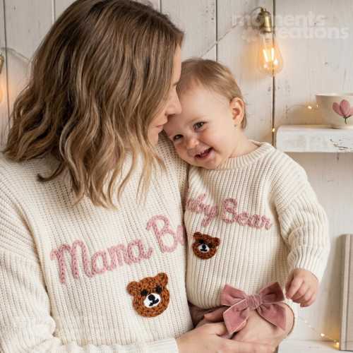 Custom Mama Bear and Baby Bear Matching Sweaters | Personalized Embroidered Mom & Baby Knit Jumper Set | Cozy Mother Child Matching Outfit