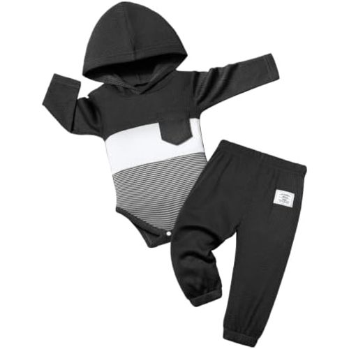 Fommy Baby Boy Clothes Outfits Color Block Hooded 2pcs Sets 0-12 Months
