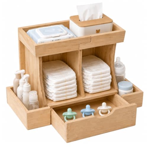 Diaper Organizer with Drawer, Wooden Changing Table Organizer | Large Diaper Caddy with Multi Compartment Nursery Storage, Wooden Diaper Organizer Keeps Diapers, Wipes & Baby Essentials