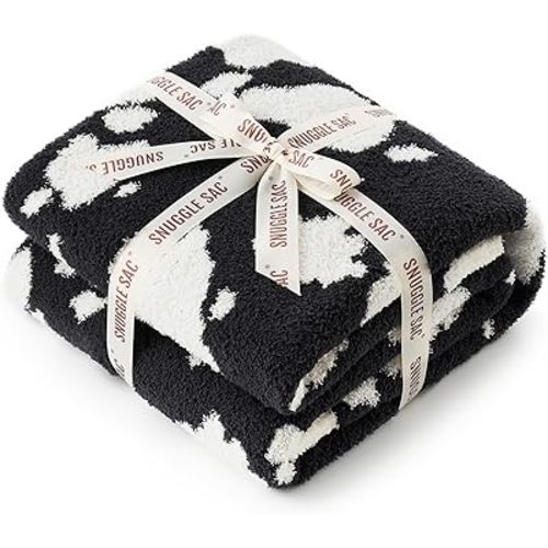 Snuggle Sac Cow Pattern Throw Blanket for Couch - Ultra Soft Microfiber Blanket, Plush Warm Reversible Blanket, Cow Jacquard Knitted Throw for Sofa & Bed, Black Cow, 50x60 inches