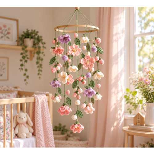 Crochet Flower Baby Mobile, Pink Purple Floral Crib Mobile, Green Leaf Nursery Decor, Baby Girl Shower Gift
