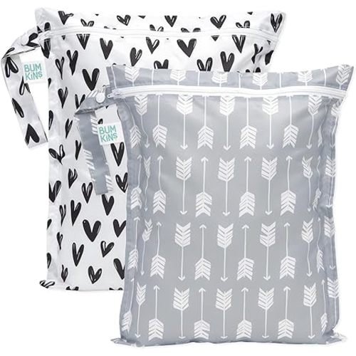 Bumkins - Waterproof Wet Bag - For Baby, Travel, Swim Suit, Cloth Diapers, Pump Parts, Pool, Gym, Toiletry, Strap to Stroller - Reusable & Easy to Clean - 2pk - Arrows & Hearts