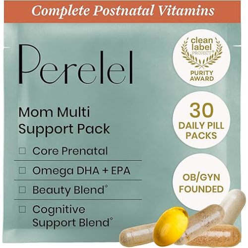Perelel Mom Multi Support Pack, Postnatal Vitamins for Women with Omega 3 Dha, Iron, Collagen, & Vitamin B12 to Support Postpartum Health, Soy & Gluten Free, Non GMO, 30 Daily Pill Packs