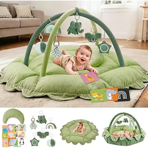 5-in-1 Baby Activity Gym & Play Mat with 6 Hanging Toys, Tummy Time Pillow & Cards - Extra Large, Reversible Machine Washable Pad - Gift for Newborns, Infants 0-12 Months, Green