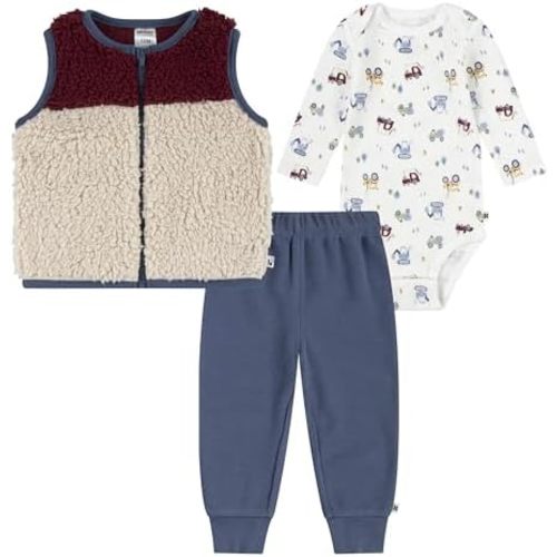 HUGGIES Baby Long Sleeve Waffle Knit Bodysuit, Pants, and Sherpa Vest 3-piece Outfit Set