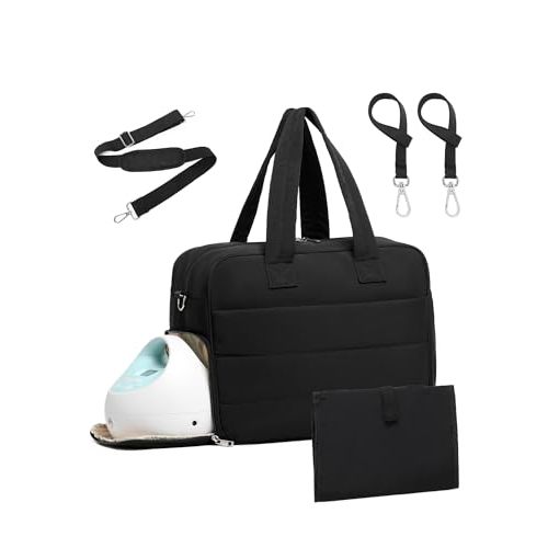 Diaper Bag with Breast Pump Laptop Compartment, Puffer Quilted Tote Bag with Baby Changing Pad Stroller Buckle Straps