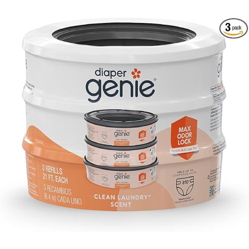 Diaper Genie Bags Refills 270 Count (Pack of 3) Clean Laundry Scent | Diaper Pail Refills with Max Odor Lock | Holds up to 810 Newborn Diapers