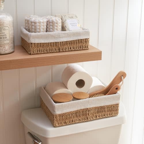 KIBAGA Beautiful Toilet Paper Storage Basket Set of 2 – Decorative Wicker Bathroom Organizer for Toilet Tank Trays - Quality Holder Bin For Shelves Fits Perfectly With Any Bathroom Decor