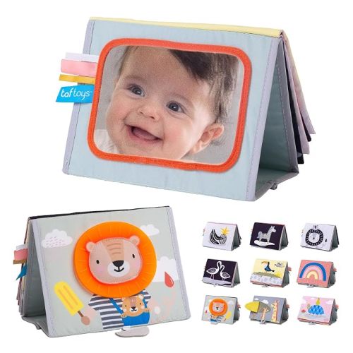 Taf Toys Savannah Infant Tummy-time Soft Crinkle Activity Book with Huge Baby Safe Mirror, 3D Activities, Textures and a Soft Baby Teether