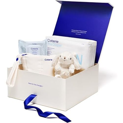 Coterie The Newborn Gift Set, Size Newborn Diapers (31 Count) & Size 1 (33 Count), 1 Travel Size Pack Baby Wipes (18 Count), Plant Based Materials, Hypoallergenic for Sensitive Skin, Baby Essentials