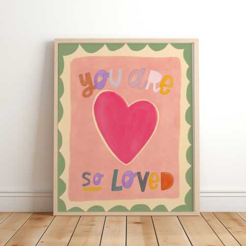 Watercolour You Are So Loved nursery wall art, hand drawn cute pink kids decor, playroom print, cottagecore, gift for new room, colourful