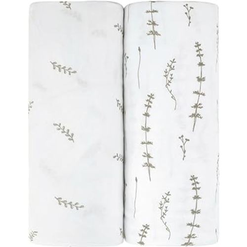 Pack and Play Sheet 2 Pack - Pack and Play Sheets Fitted with 100% Jersey Cotton - Pack N Play Mattress Sheets for Boys and Girls, Newborn Essentials (Neutral Forest Grey Floral and Leaves)