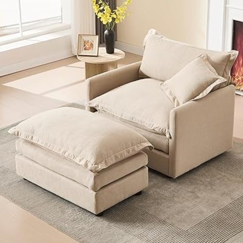 Oversized Chair with Ottoman Upholstered Comfy Single Sofa Chaise Lounge Chair Indoor for Reading Living Room, Bedroom, Office(Linen Oatmeal)