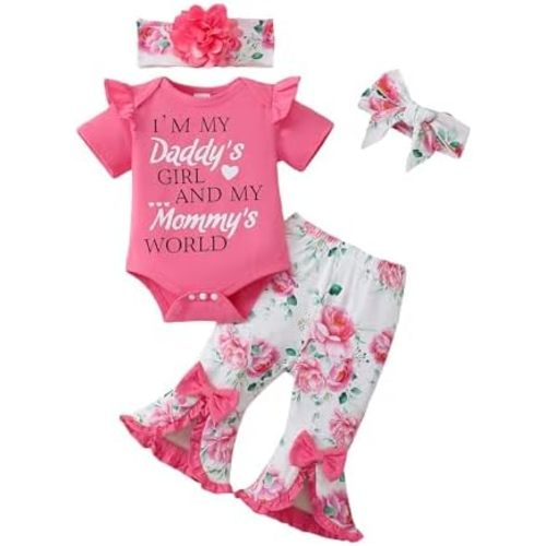 SUNNY PIGGY Newborn Baby Girl Clothes Infant Outfits Romper Floral Fall Outfit Bell Bottoms Pant Sets Hat Headband Flowerpant